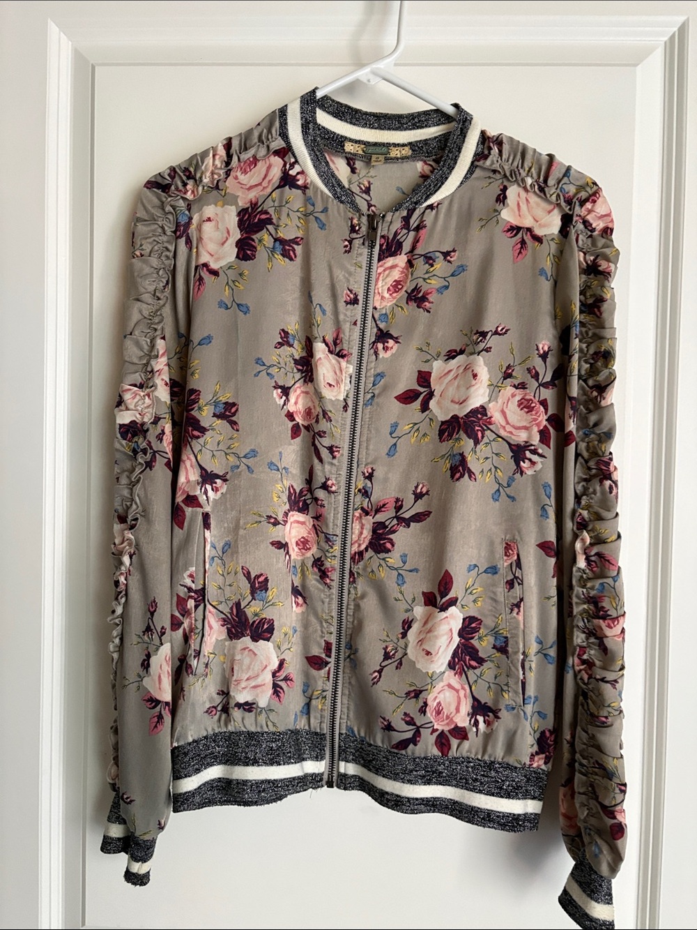 gimmicks by BKE Taupe Floral Bomber Jacket with Pink Roses